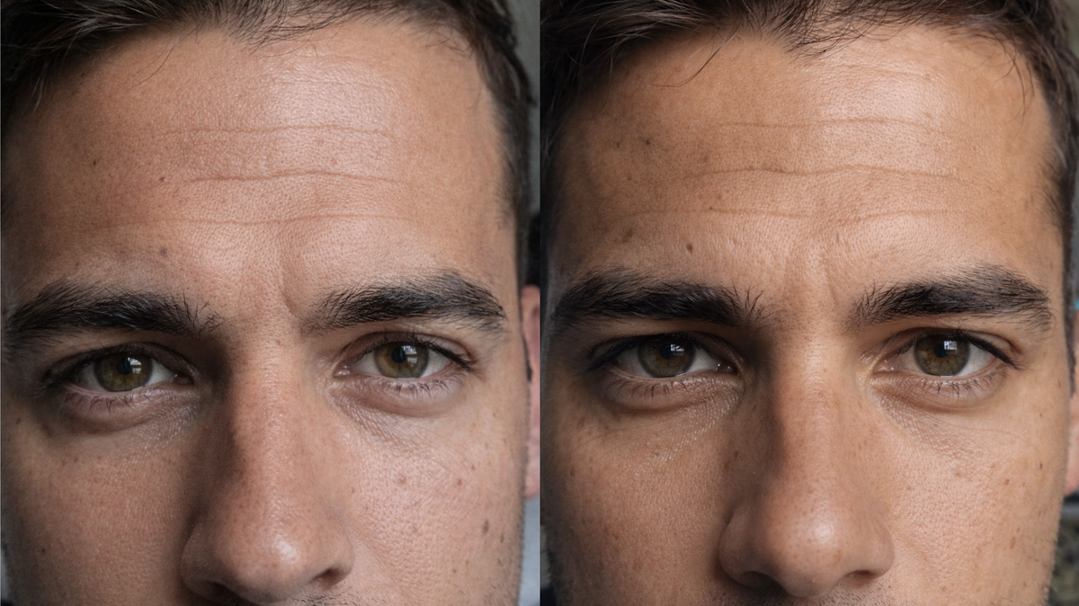 Before and after close-up of a man's under-eye area with dark circles