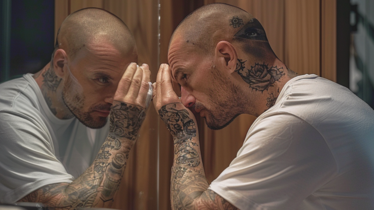Tattooed man examining his skin up close in a mirror