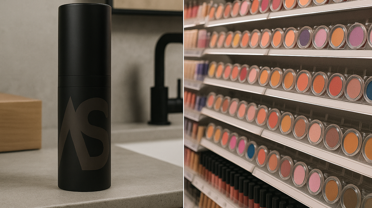 Black Age of Super bottle on a bathroom counter beside a wall of makeup compacts