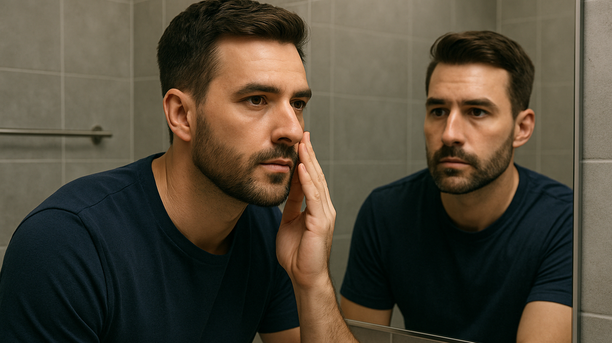 Bearded man checking his cheek in a bathroom mirror