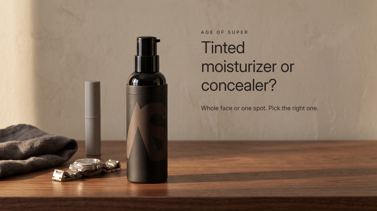 A black Stealth Blender pump bottle in the foreground of a dark walnut dresser in warm late-afternoon light, with a small grey concealer stick a step behind it, a steel watch and a charcoal towel, beside the title "Tinted moisturizer or concealer?"