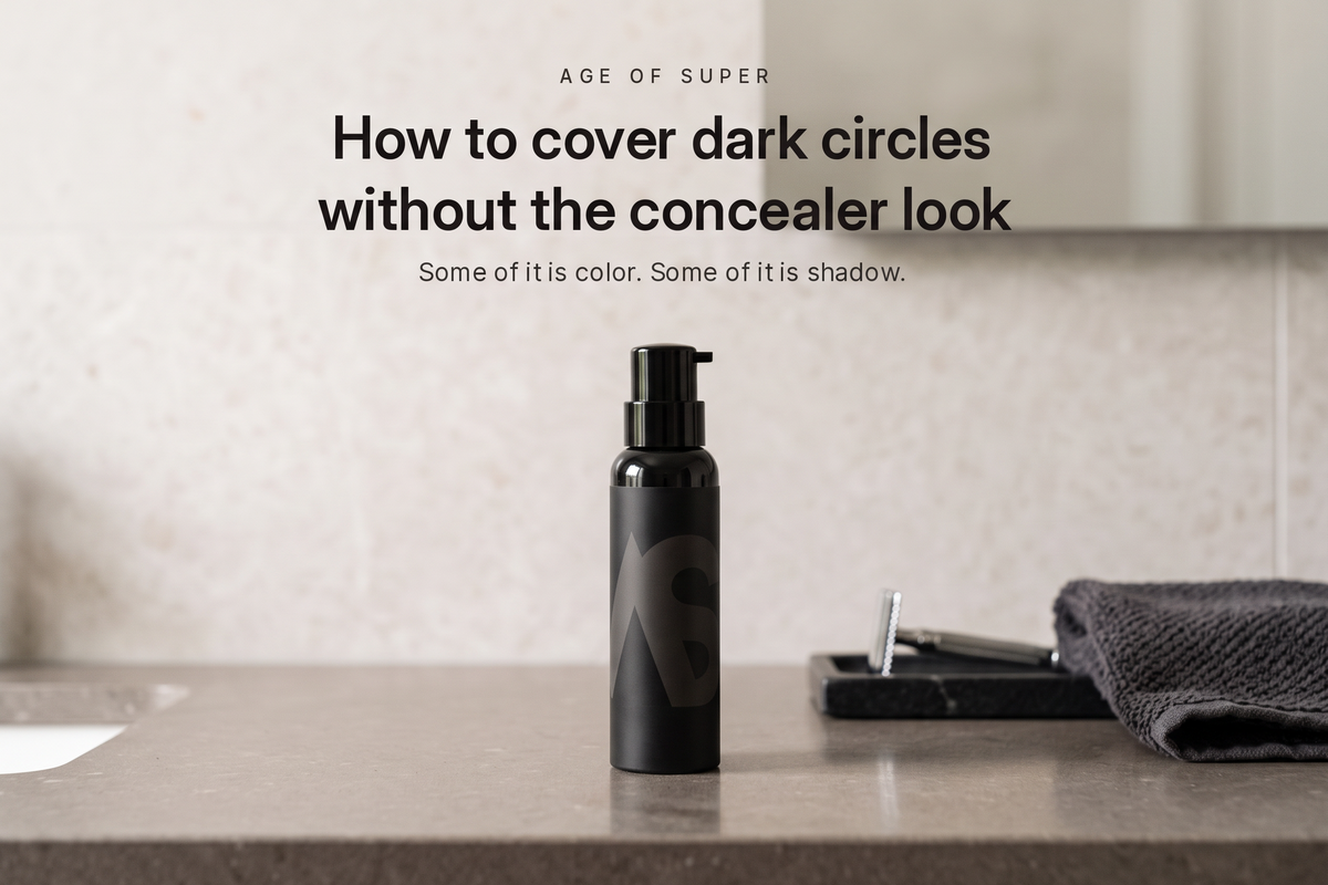 A black Stealth Blender pump bottle on a stone bathroom counter in soft morning light, with a razor and folded charcoal towel nearby, below the title "How to cover dark circles without the concealer look"