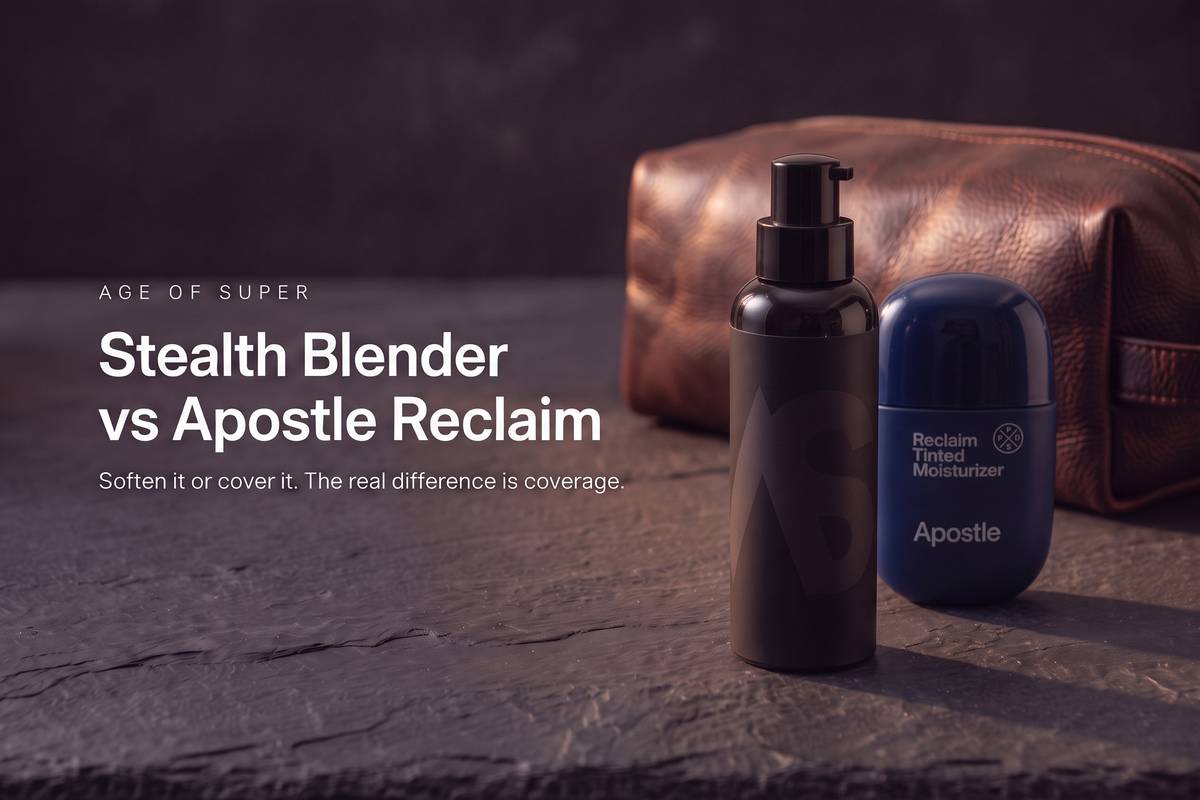 A black Stealth Blender pump bottle in front of a navy Apostle Reclaim Tinted Moisturizer on dark slate in warm side light, with a brown leather dopp kit behind, beside the title "Stealth Blender vs Apostle Reclaim"