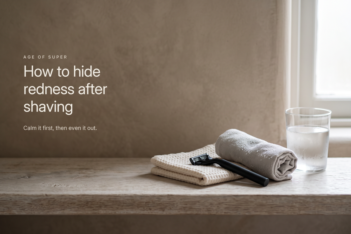 A modern matte black cartridge razor on a folded waffle towel beside a rolled damp grey washcloth and a glass of cold water on a pale oak shelf in soft window light, with the title "How to hide redness after shaving"