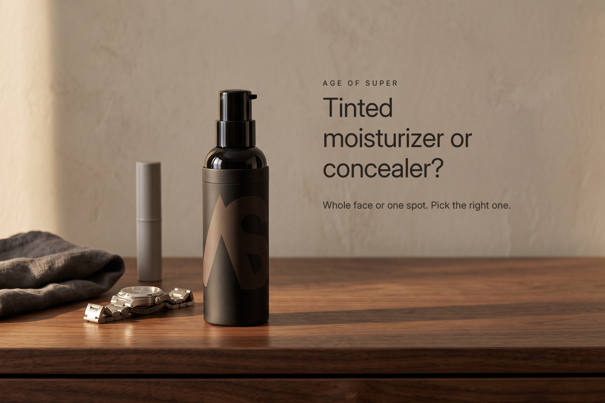 A black Stealth Blender pump bottle in the foreground of a dark walnut dresser in warm late-afternoon light, with a small grey concealer stick a step behind it, a steel watch and a charcoal towel, beside the title "Tinted moisturizer or concealer?"
