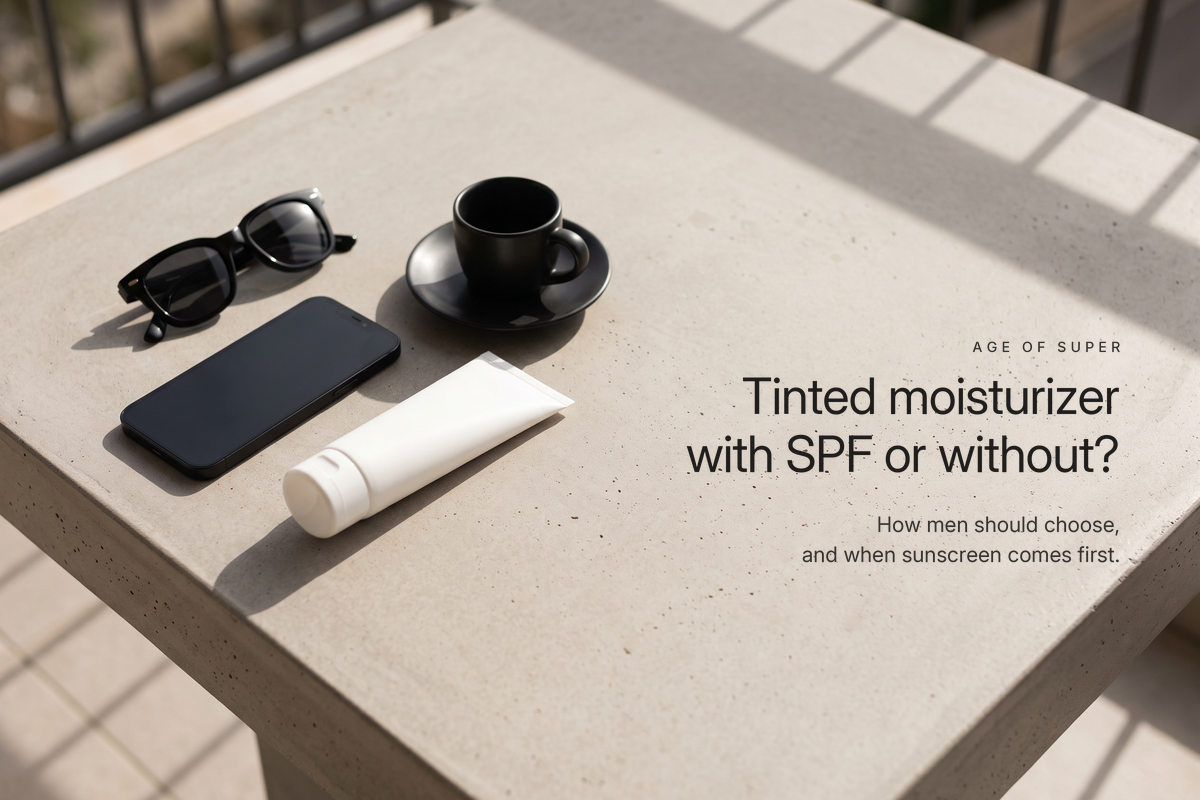 Black sunglasses, a modern smartphone, a plain white sunscreen tube and a black espresso cup on a pale concrete balcony table in hard morning sun, beside the title "Tinted moisturizer with SPF or without?"