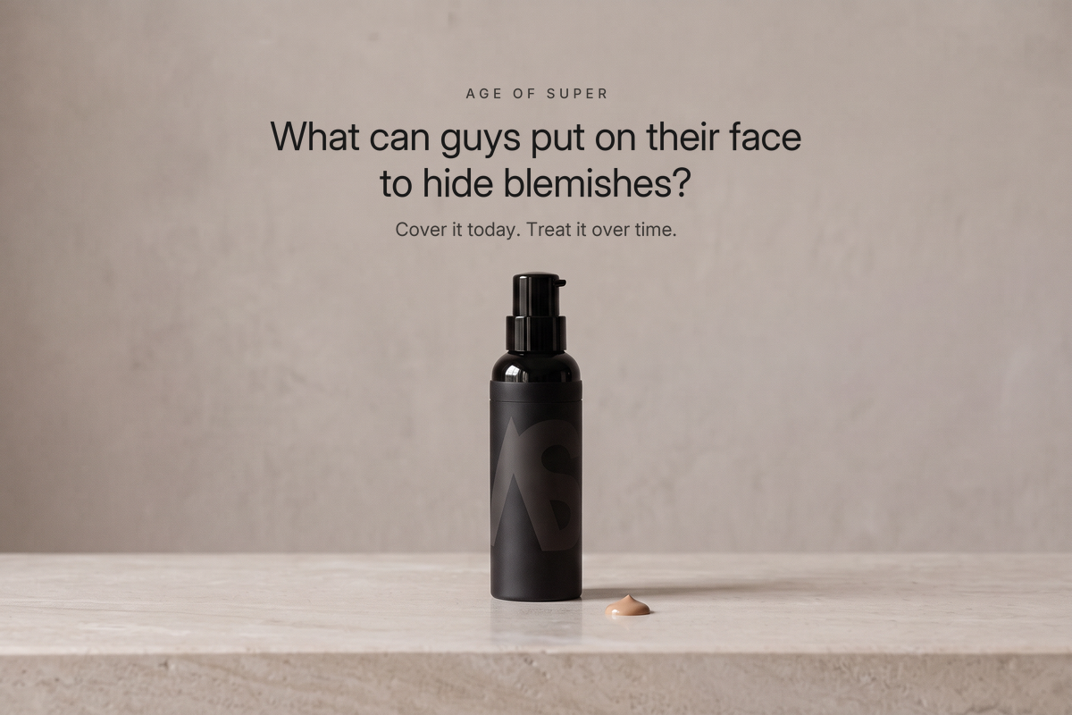 Centered text "What can guys put on their face to hide blemishes?" with the line "Cover it today. Treat it over time." above a black Stealth Blender pump bottle and a small dollop of tint on a pale stone ledge