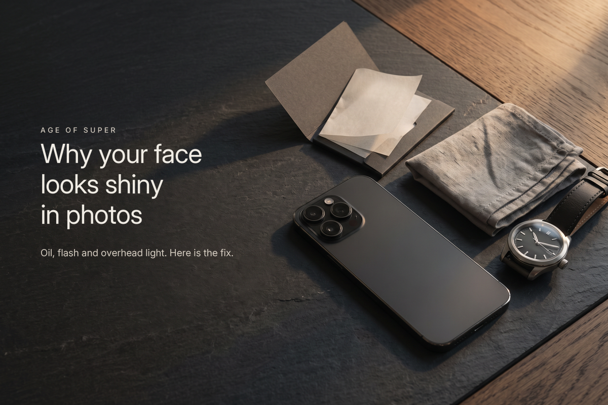 Text "Why your face looks shiny in photos" on dark slate beside a flat lay of a black titanium iPhone, an open charcoal booklet of blotting papers, a folded linen handkerchief and a steel watch in warm window light