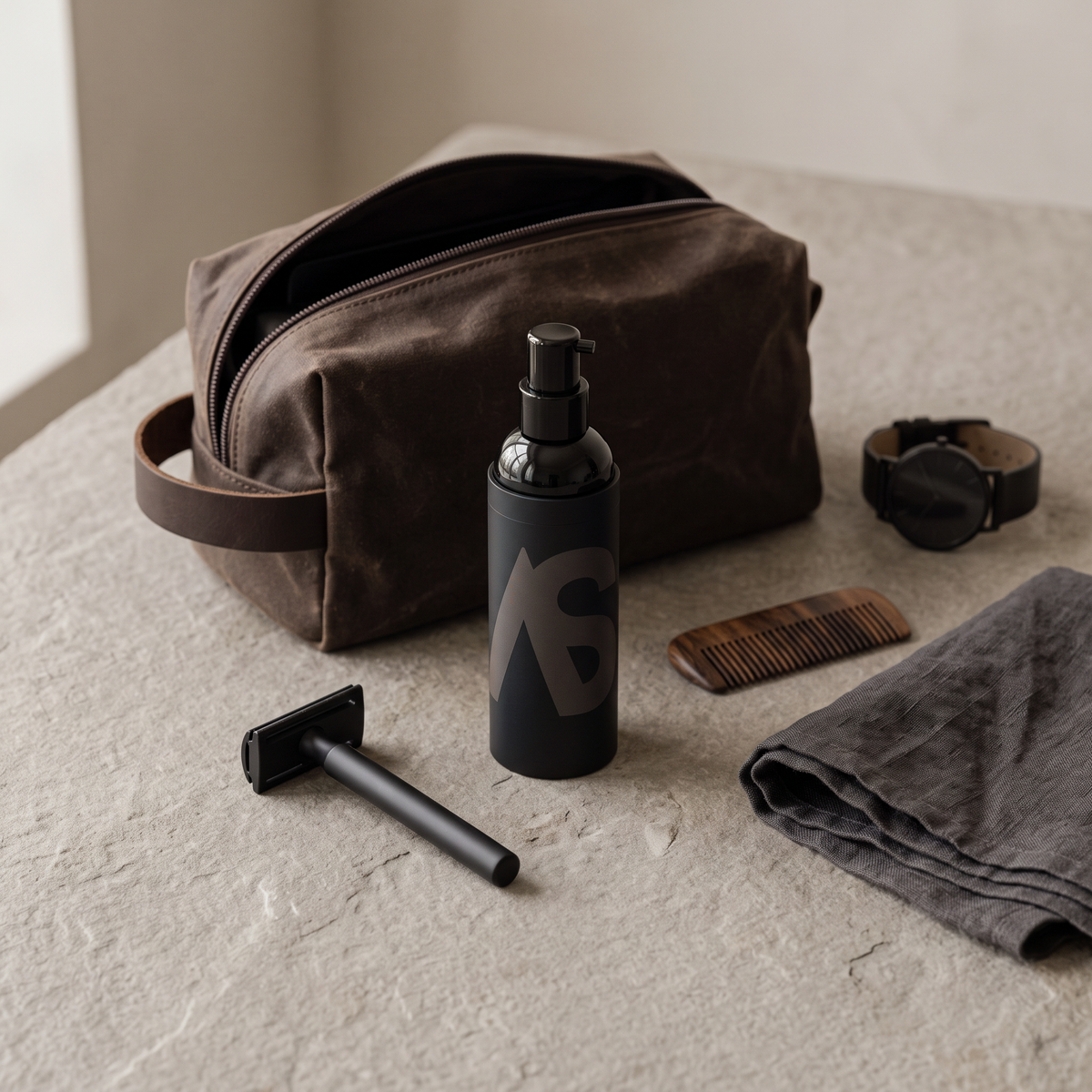 Stealth Blender men's tinted moisturizer on a bathroom counter with a canvas dopp kit, safety razor, comb and watch
